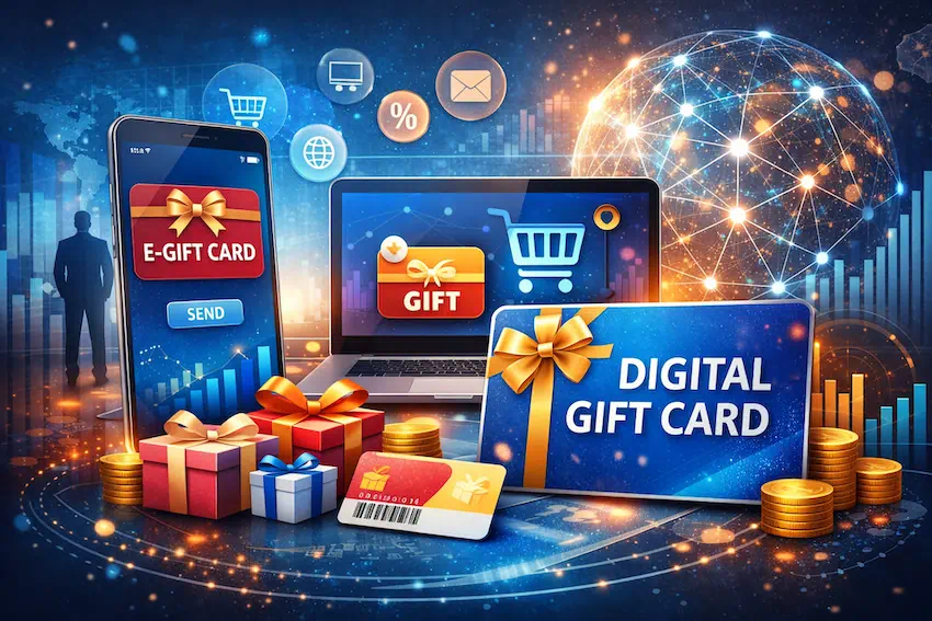 Digital gift certificate illustration showing an e-gift card on mobile and laptop screens, representing online gifting, business growth, and modern SaaS gift certificate solutions like Atrusta.