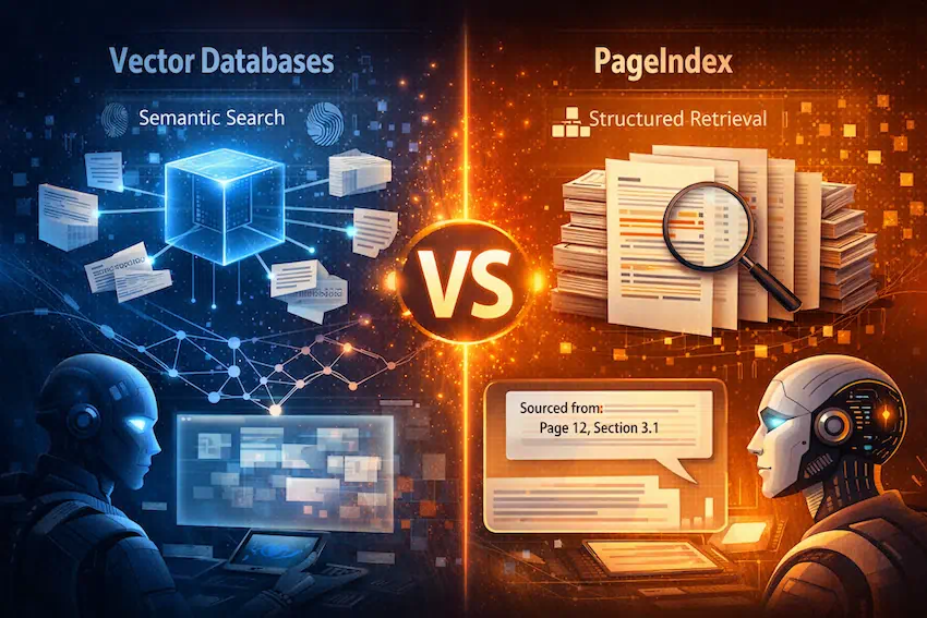 Illustration comparing vector databases using semantic search with PageIndex using structured, page-based retrieval for AI systems.